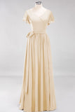 Elegant Elegant V-Neck Short Sleeve Bridesmaid Dresses with Bow Sash Long Chiffon