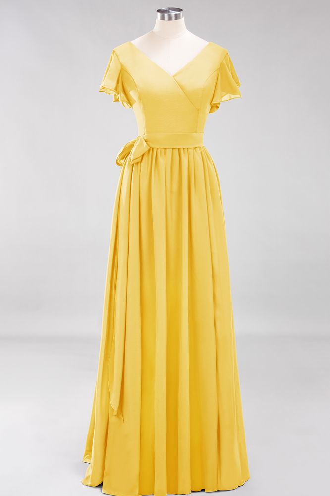 Elegant Elegant V-Neck Short Sleeve Bridesmaid Dresses with Bow Sash Long Chiffon