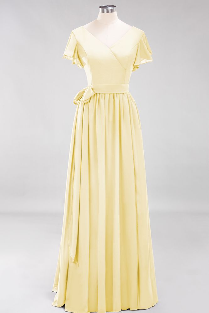 Elegant Elegant V-Neck Short Sleeve Bridesmaid Dresses with Bow Sash Long Chiffon