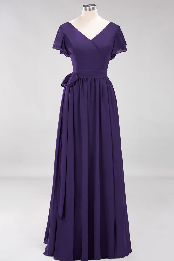 Elegant Elegant V-Neck Short Sleeve Bridesmaid Dresses with Bow Sash Long Chiffon