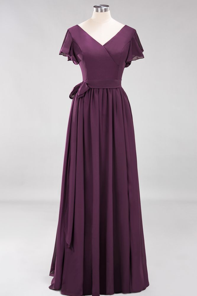 Elegant Elegant V-Neck Short Sleeve Bridesmaid Dresses with Bow Sash Long Chiffon