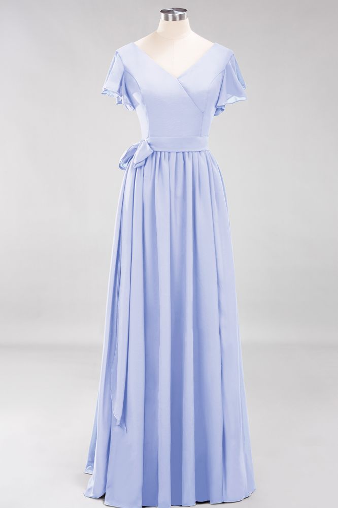 Elegant Elegant V-Neck Short Sleeve Bridesmaid Dresses with Bow Sash Long Chiffon