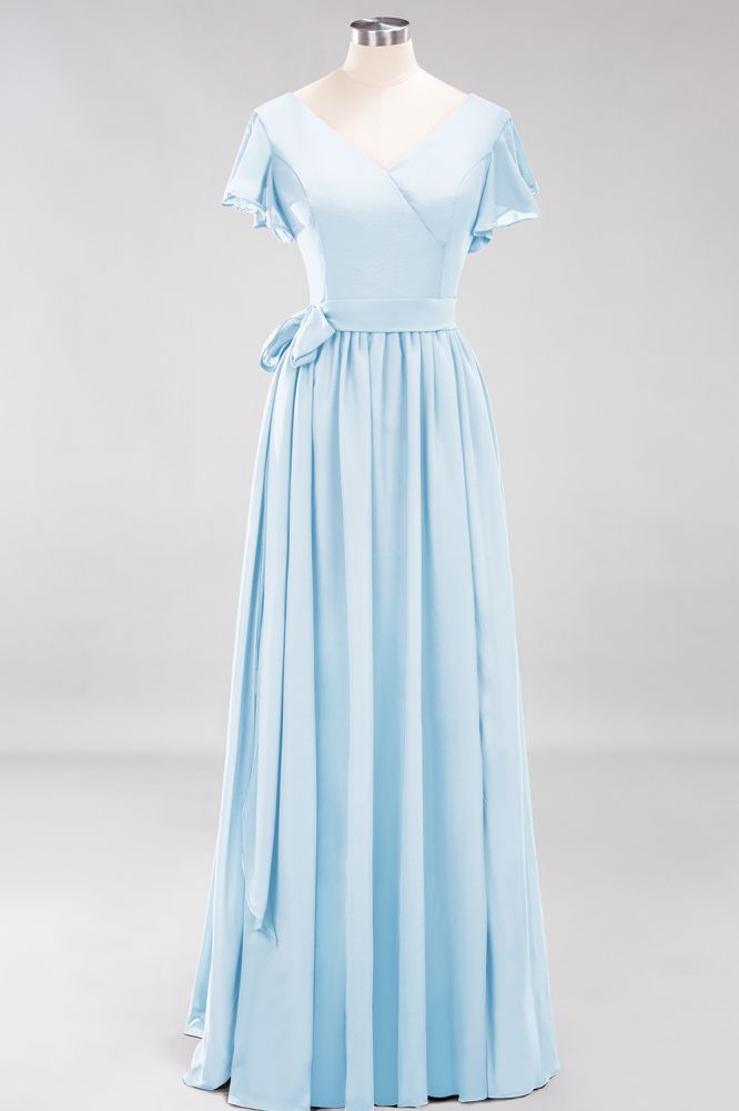 Elegant Elegant V-Neck Short Sleeve Bridesmaid Dresses with Bow Sash Long Chiffon