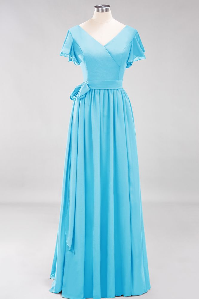 Elegant Elegant V-Neck Short Sleeve Bridesmaid Dresses with Bow Sash Long Chiffon