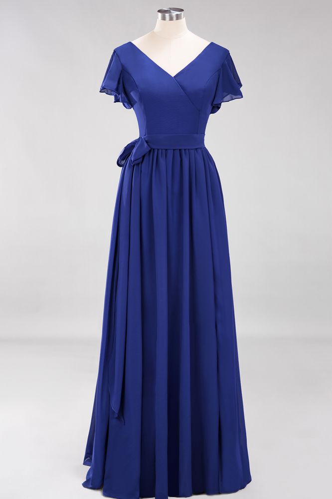 Elegant Elegant V-Neck Short Sleeve Bridesmaid Dresses with Bow Sash Long Chiffon
