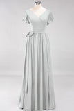 Elegant Elegant V-Neck Short Sleeve Bridesmaid Dresses with Bow Sash Long Chiffon