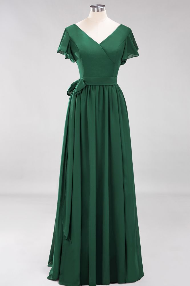 Elegant Elegant V-Neck Short Sleeve Bridesmaid Dresses with Bow Sash Long Chiffon