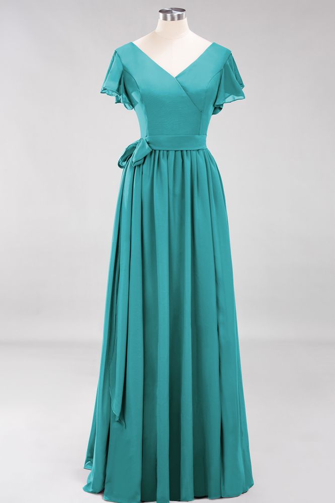 Elegant Elegant V-Neck Short Sleeve Bridesmaid Dresses with Bow Sash Long Chiffon