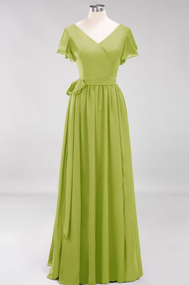 Elegant Elegant V-Neck Short Sleeve Bridesmaid Dresses with Bow Sash Long Chiffon