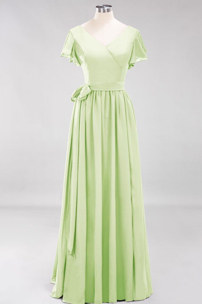 Elegant Elegant V-Neck Short Sleeve Bridesmaid Dresses with Bow Sash Long Chiffon