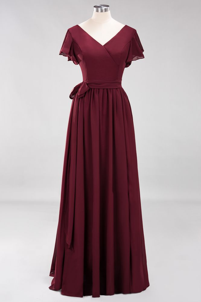 Elegant Elegant V-Neck Short Sleeve Bridesmaid Dresses with Bow Sash Long Chiffon