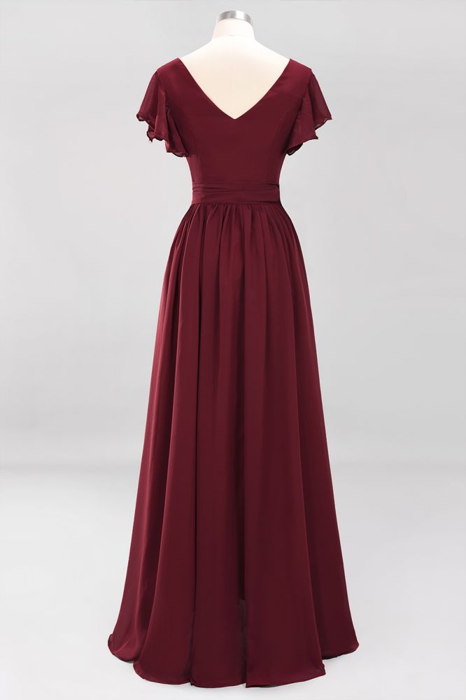 Elegant Elegant V-Neck Short Sleeve Bridesmaid Dresses with Bow Sash Long Chiffon