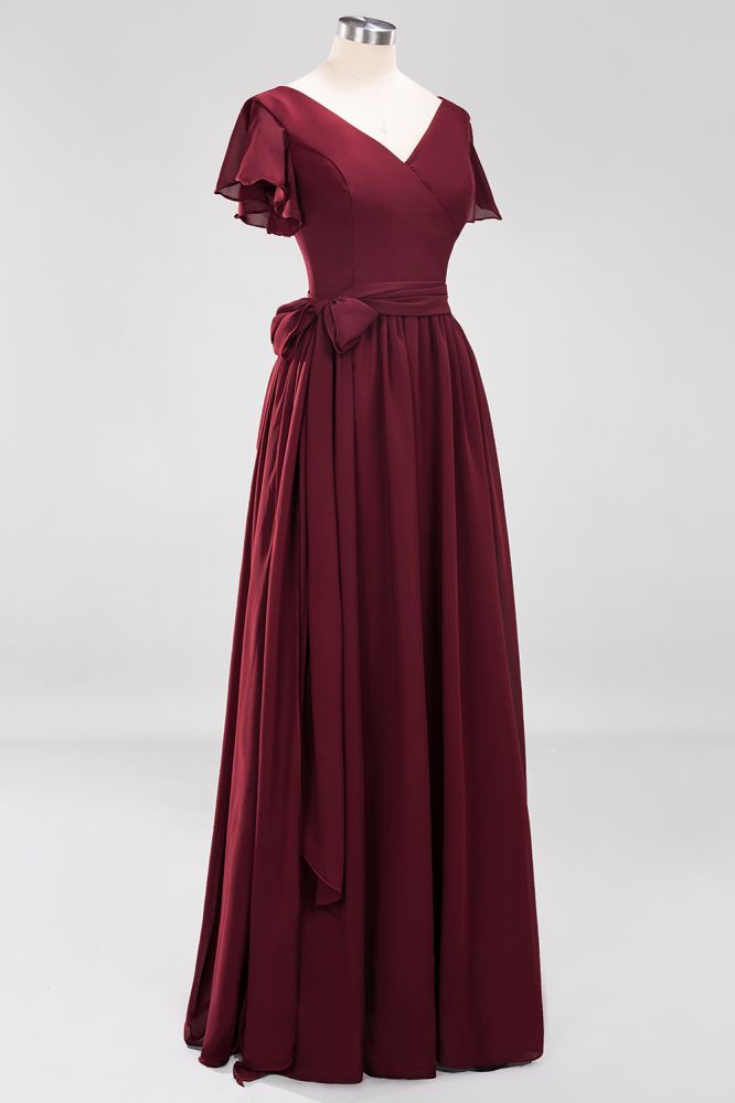 Elegant Elegant V-Neck Short Sleeve Bridesmaid Dresses with Bow Sash Long Chiffon
