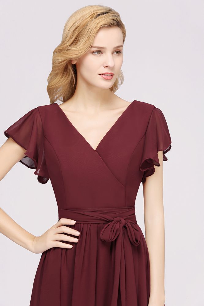 Elegant Elegant V-Neck Short Sleeve Bridesmaid Dresses with Bow Sash Long Chiffon