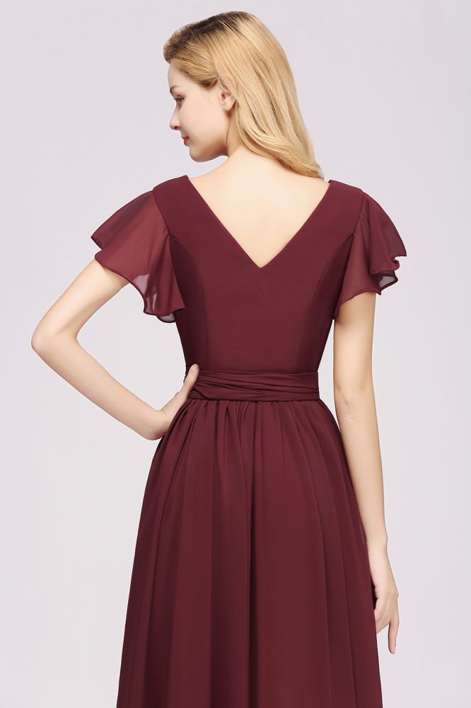 Elegant Elegant V-Neck Short Sleeve Bridesmaid Dresses with Bow Sash Long Chiffon