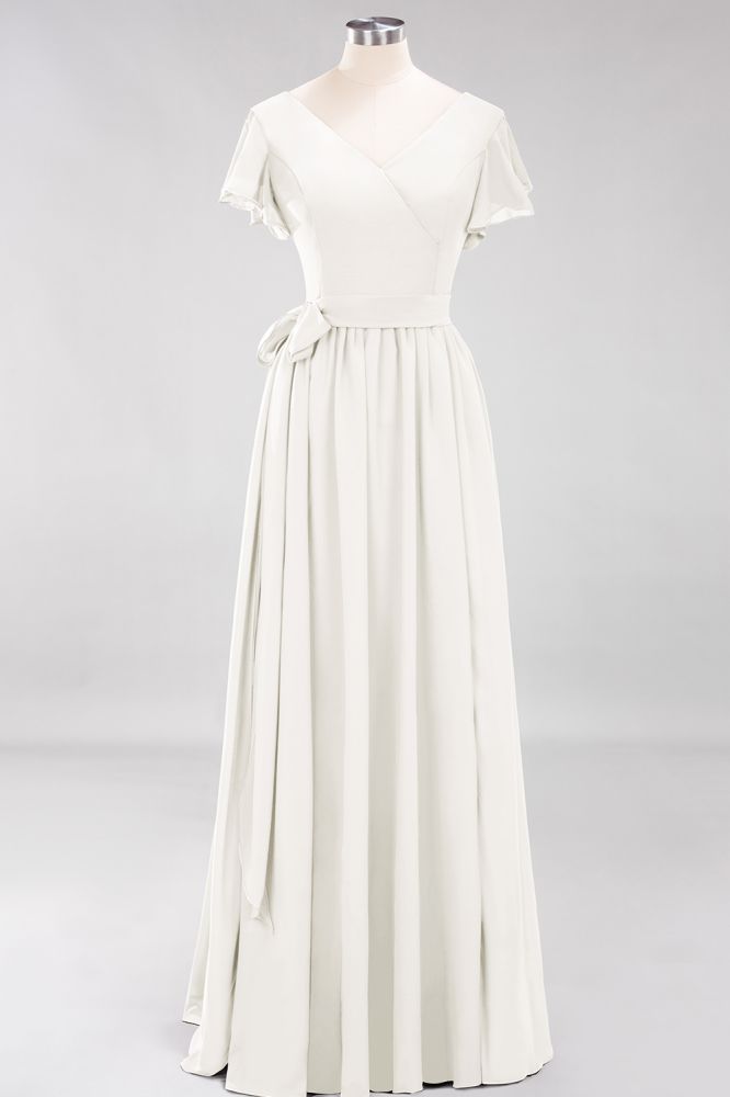 Elegant Elegant V-Neck Short Sleeve Bridesmaid Dresses with Bow Sash Long Chiffon