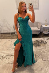 Suzhoufashion Elegant Emerald Green Spaghetti Straps Prom Dress With High Slit Formal Evening Gown