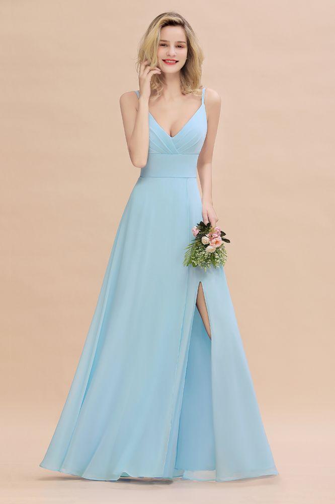 Elegant Front Split Bridesmaid Dress Garden Spaghetti Straps V-neck Long Dress