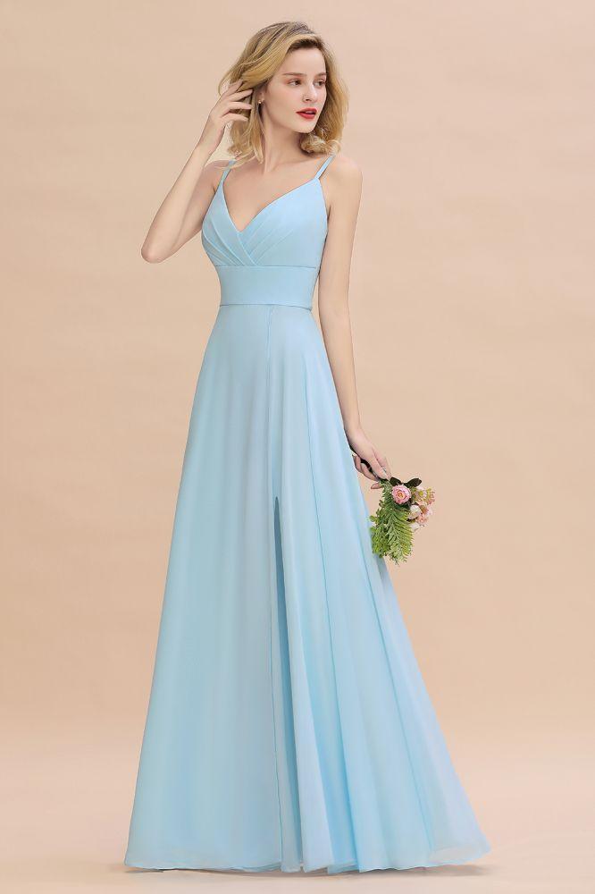 Elegant Front Split Bridesmaid Dress Garden Spaghetti Straps V-neck Long Dress