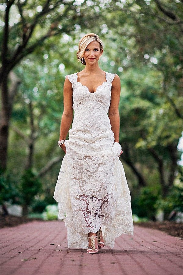 Elegant Full Lace Wedding Dress Open Back Sleeveless Summer Wedding Gowns