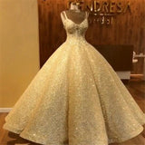 Elegant Gold Straps Sequins Wedding Dresses | Lace Sleeveless Ball Bridal Gowns