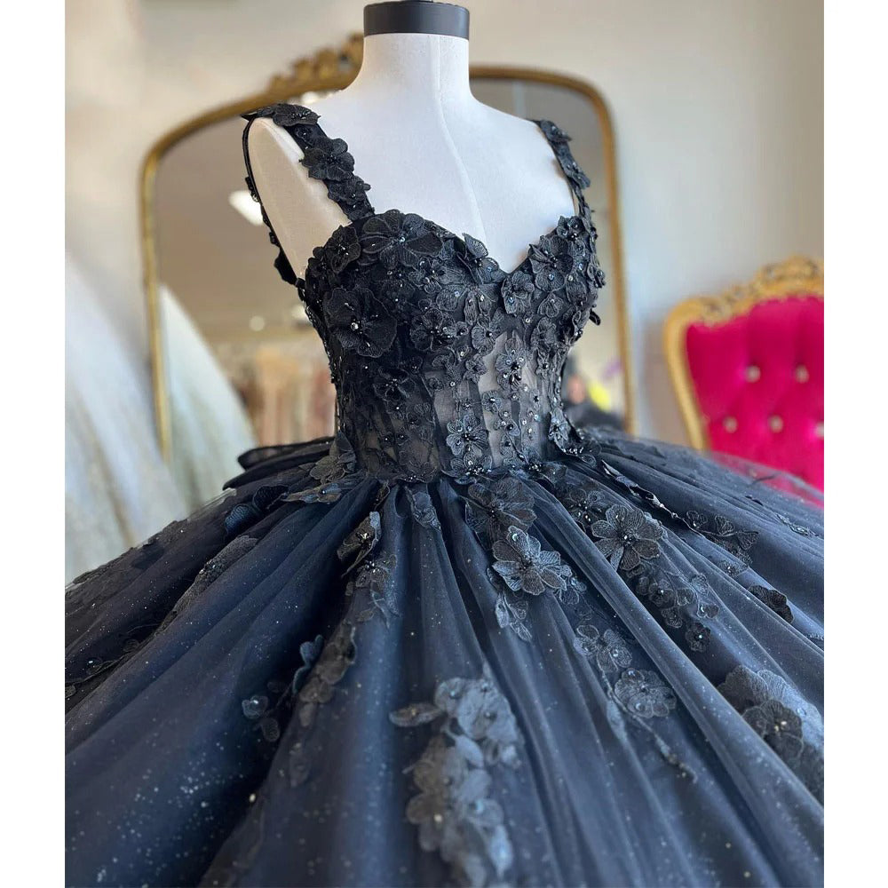 Elegant & Gorgeous Ball Gown Sweetheart Neck Straps 3D Flower Appliques Beaded Navy Blue Tulle Quinceanera Dress Princess Birthday Party Dress For Elegant & Gorgeous Ball Gown Sweetheart Neck Straps 3D Flower Appliques Beaded Navy Blue Tulle Quinceanera Dress Princess Birthday Party Dress For