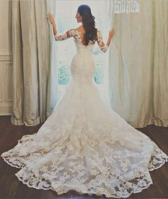 Elegant Half Sleeve Court Train Bridal Gown Latest White Mermaid Lace Wedding Dresses