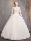 Elegant Half Sleeves Lace Tulle White Ball Gown Wedding Dresses