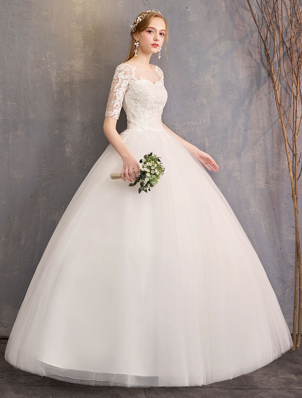 Elegant Half Sleeves Lace Tulle White Ball Gown Wedding Dresses
