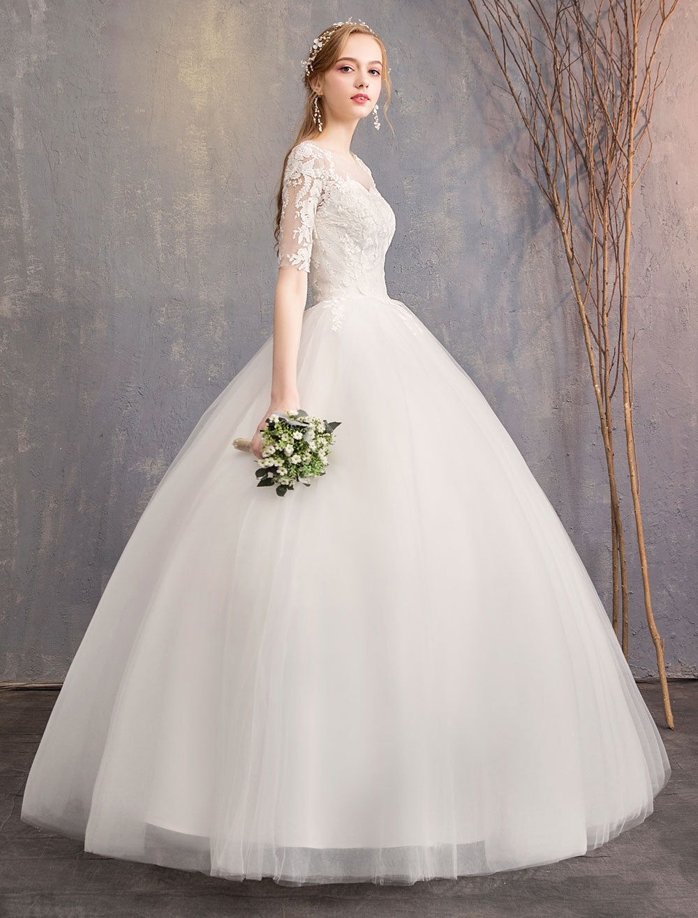 Elegant Half Sleeves Lace Tulle White Ball Gown Wedding Dresses
