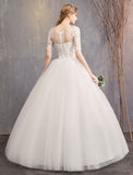 Elegant Half Sleeves Lace Tulle White Ball Gown Wedding Dresses