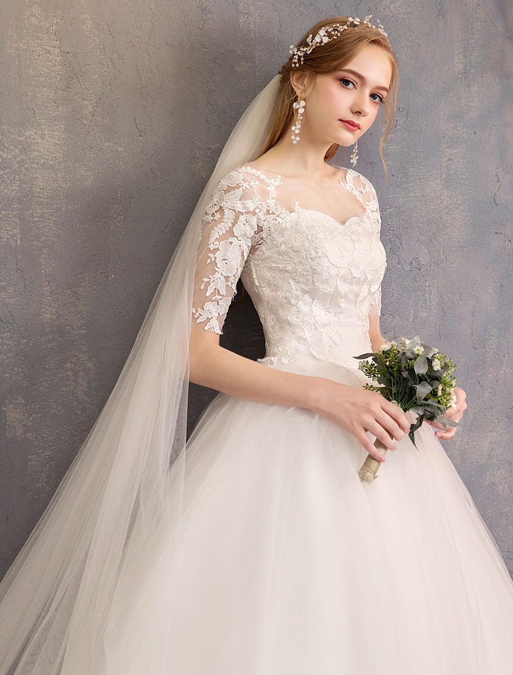 Elegant Half Sleeves Lace Tulle White Ball Gown Wedding Dresses