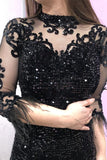 Elegant Half Sleeves Tulle Black Sequins Mermaid Prom Dresses