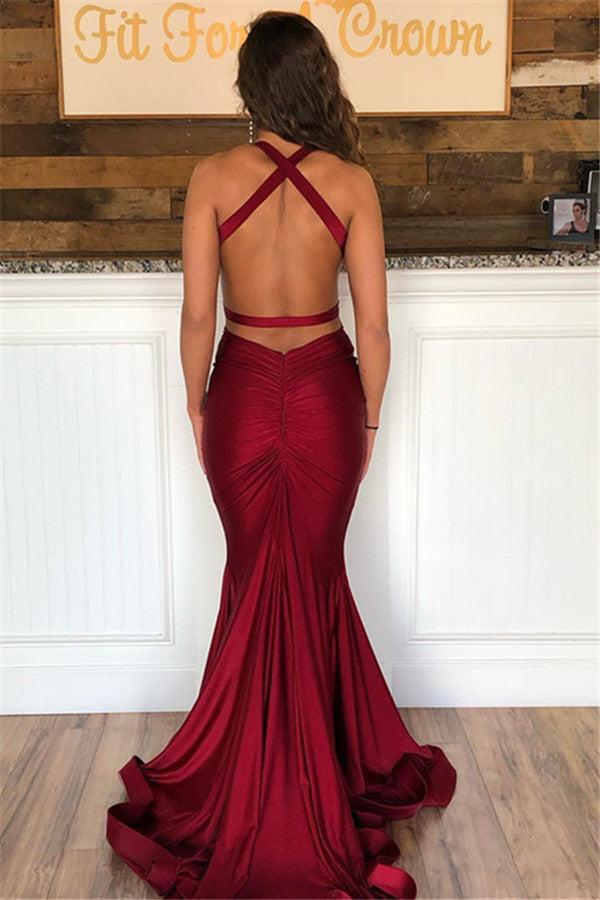 Elegant Halter Mermaid Evening Dresses | Elastic Satin Sleeveless Ruffles Prom Dresses
