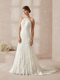 Elegant Halter White Long Wedding Dress With Lace Appliques