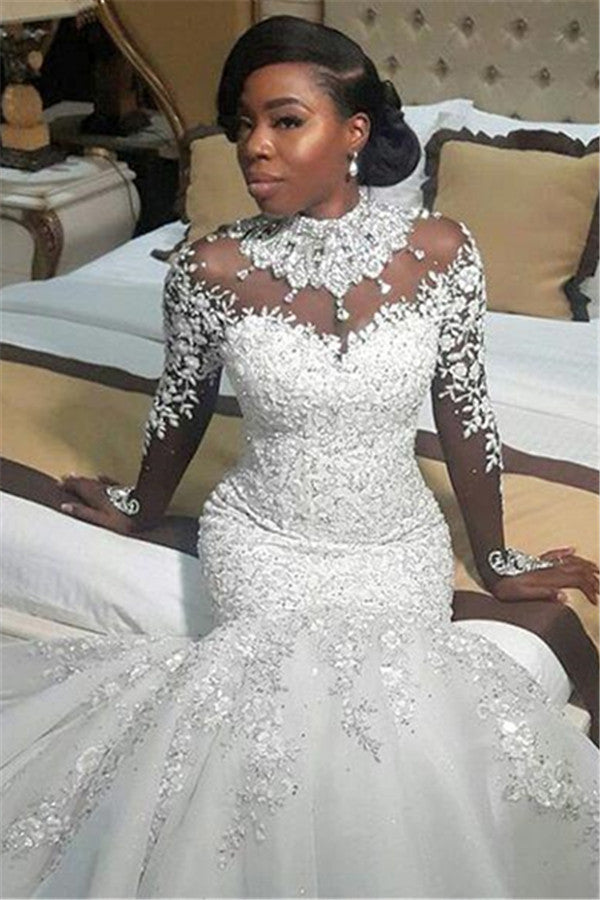 Elegant High Neck Lace Appliques Wedding Dresses | Long Sleeves Crystal Sexy Mermaid Bridal Gowns