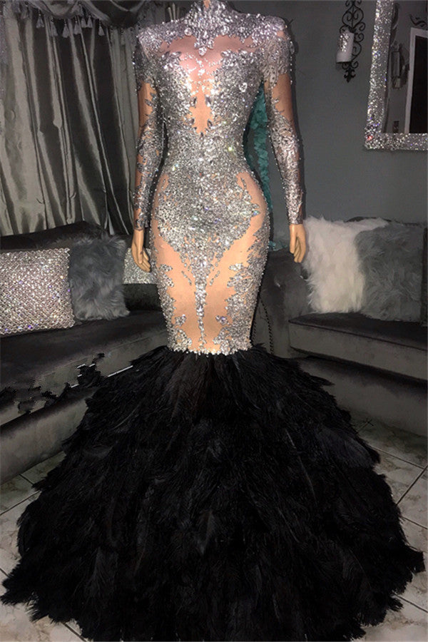 Elegant High Neck Long Sleeves Party Dresses | Feather Sliver Sequins Mermaid Prom Dresses BC1265