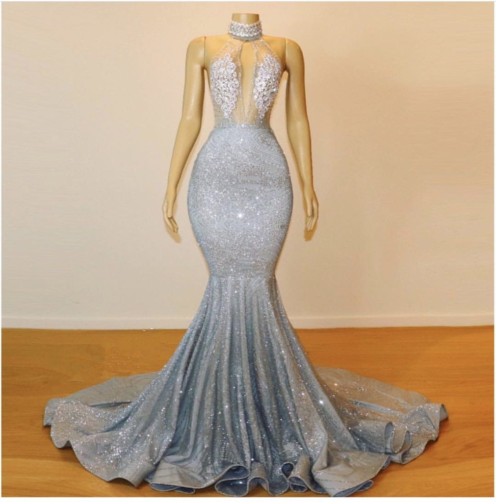 Elegant High Neck Silver Sequins Prom Dresses | Sexy Backless Mermaid Evening Dresses Online BC0679