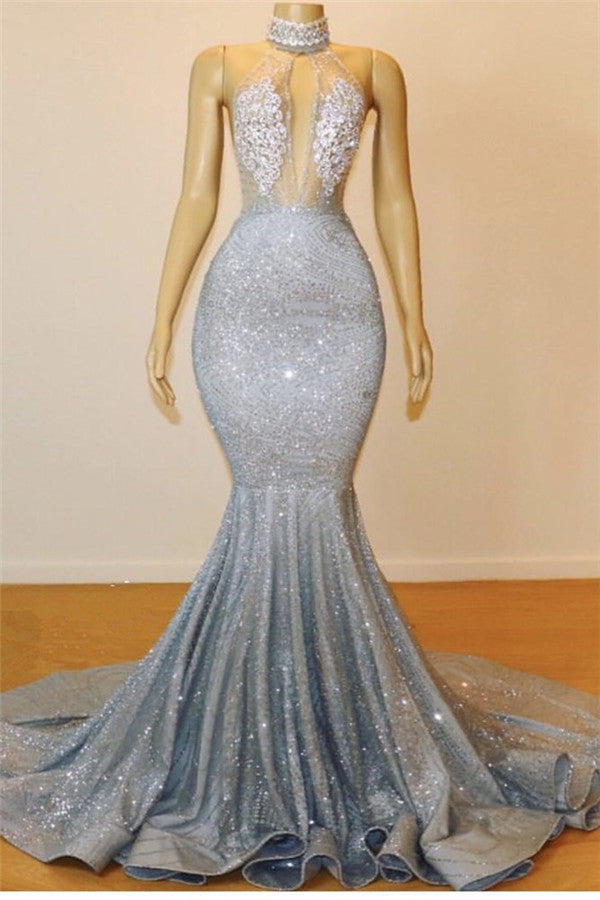 Elegant High Neck Silver Sequins Prom Dresses | Sexy Backless Mermaid Evening Dresses Online BC0679