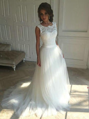 Elegant Jewel Lace TulleWedding Dress Boho Sleeveless Applqiues Bridal Gowns