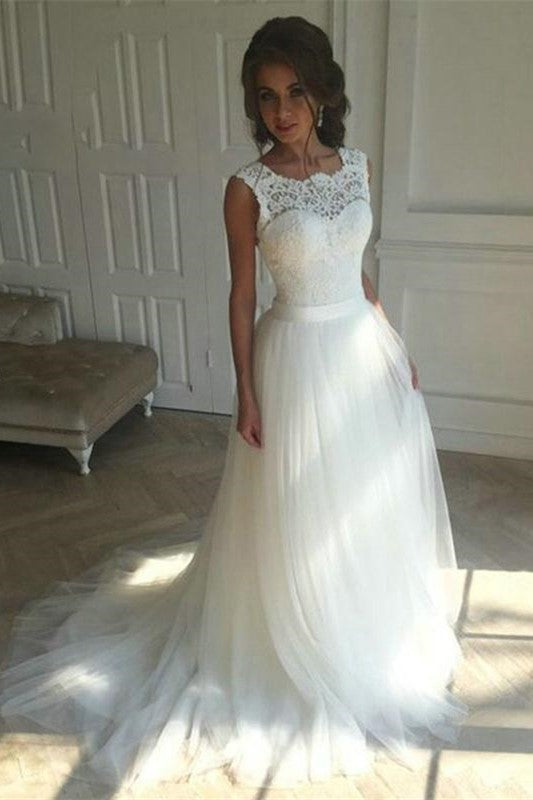 Elegant Jewel Lace TulleWedding Dress Boho Sleeveless Applqiues Bridal Gowns