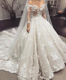 Elegant Lace Appliques Ball Gown Wedding Dresses | Sheer Tulle Long Sleeves Bridal Gowns