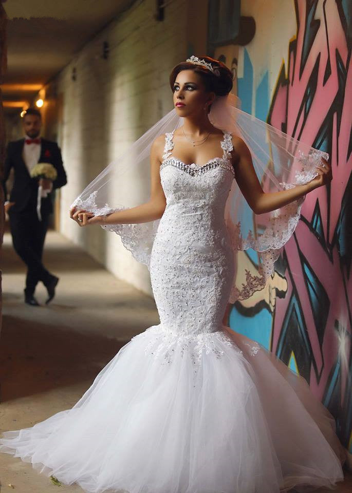 Elegant Lace Beaded Wedding Dresses Mermaid Sheer Tulle Bride Dress WE0010