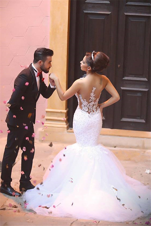 Elegant Lace Beaded Wedding Dresses Mermaid Sheer Tulle Bride Dress WE0010