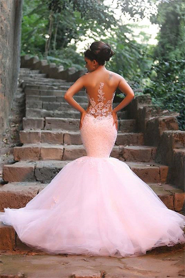 Elegant Lace Beaded Wedding Dresses Mermaid Sheer Tulle Bride Dress WE0010