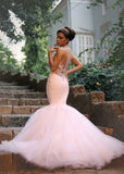 Elegant Lace Beaded Wedding Dresses Mermaid Sheer Tulle Bride Dress WE0010