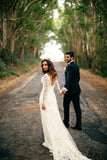 Elegant Lace Long Sleeve Wedding Gowns Latest V-Neck Open Back Bridal Dresses