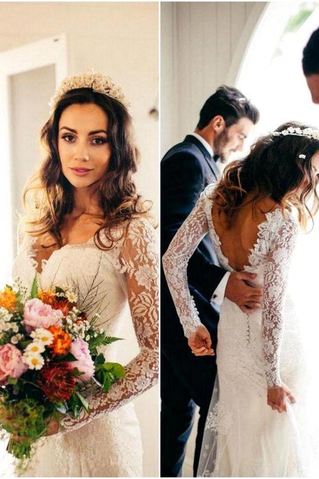 Elegant Lace Long Sleeve Wedding Gowns Latest V-Neck Open Back Bridal Dresses