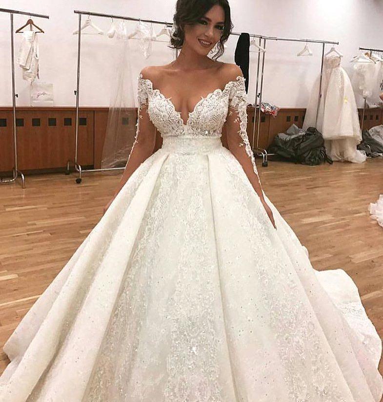 Elegant Lace Long Sleeves Wedding Dresses | Ball Bridal Gowns with Beadings