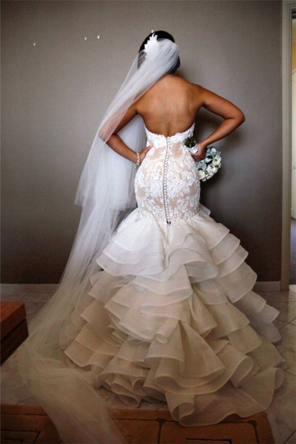 knee length dresses for ladies Elegant Lace Mermaid Wedding Dress Tiered Open Back Strapless Wedding Gowns BA1540